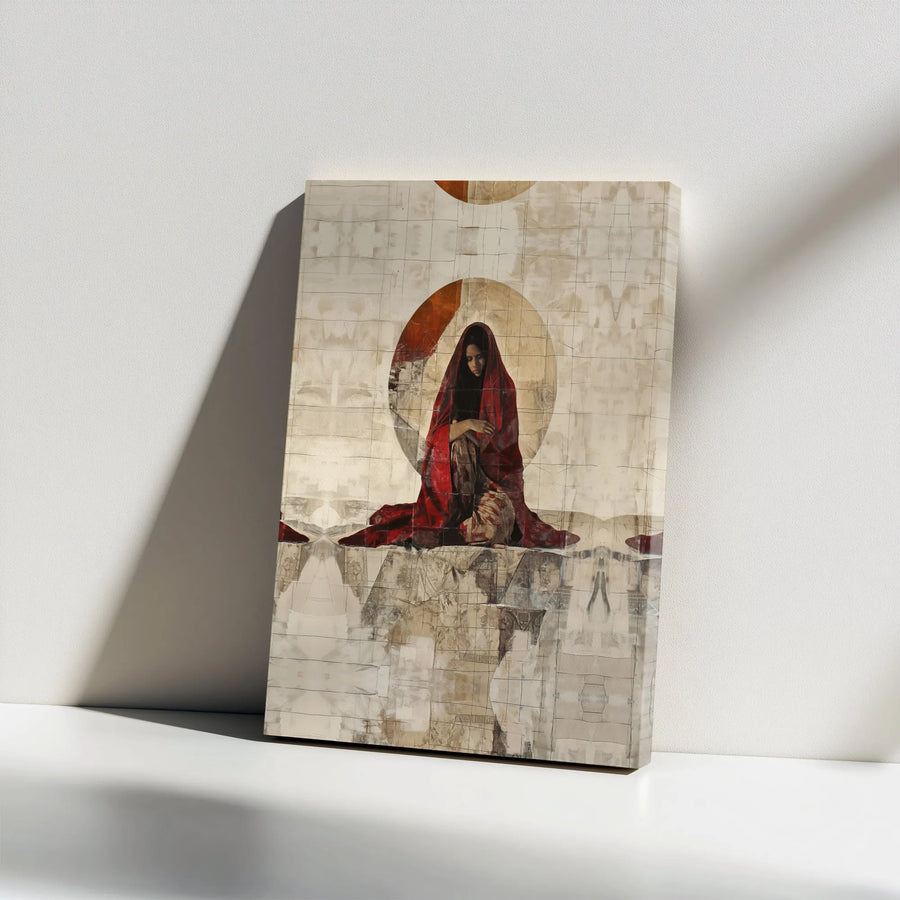 Abstract Woman Canvas Art | Sorrowful Figure in Red Cloak Print | Premium Gallery Wrapped Canvas | Modern Spiritual Home Decor Gift