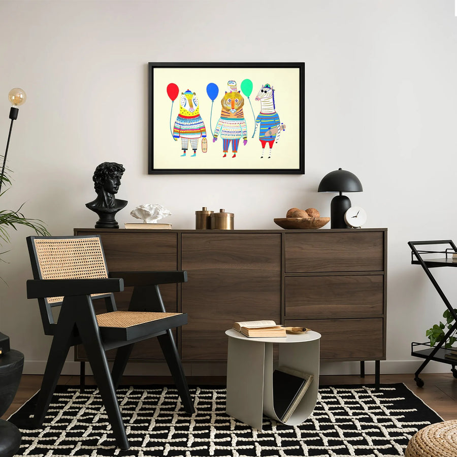 Whimsical Animal Wall Art | Tiger Cheetah Zebra Skater Crew | Premium Gallery Wrapped Canvas | Colorful Nursery Decor Gift