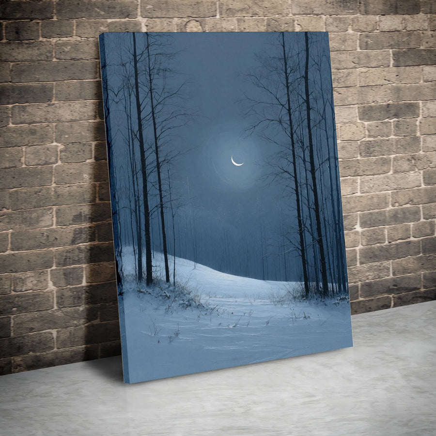 Winter Forest Canvas Print | Snowy Night Crescent Moon Wall Art | Gallery Quality 1.25" Profile | Serene Landscape Decor for Home or Office