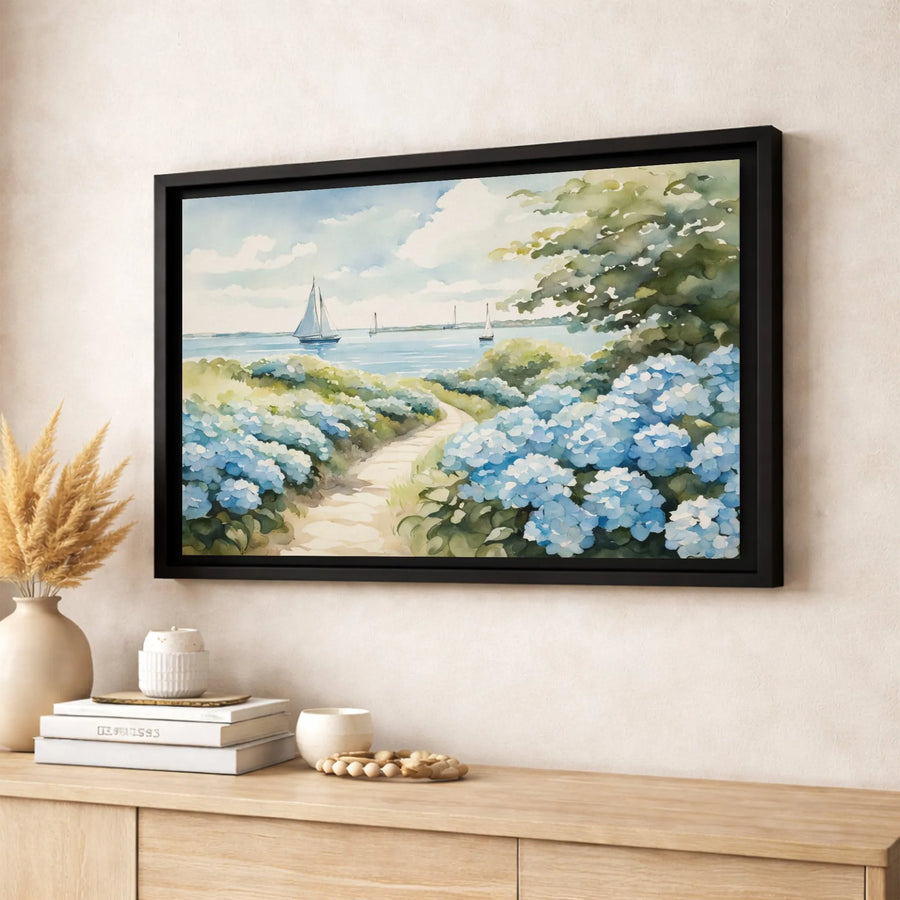 Coastal Hydrangea Wall Art | Watercolor Sailboat Landscape Print | Premium Gallery Wrapped Canvas | Beach House Decor Gift