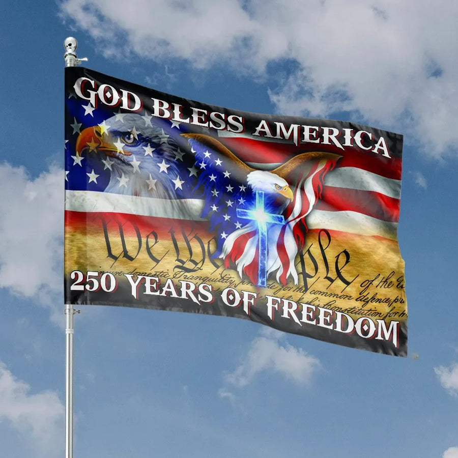 God Bless America House Flag | Patriotic Eagle & Cross 250 Years of Freedom Design | Double Sided Polyester | Outdoor Home Decor Gift