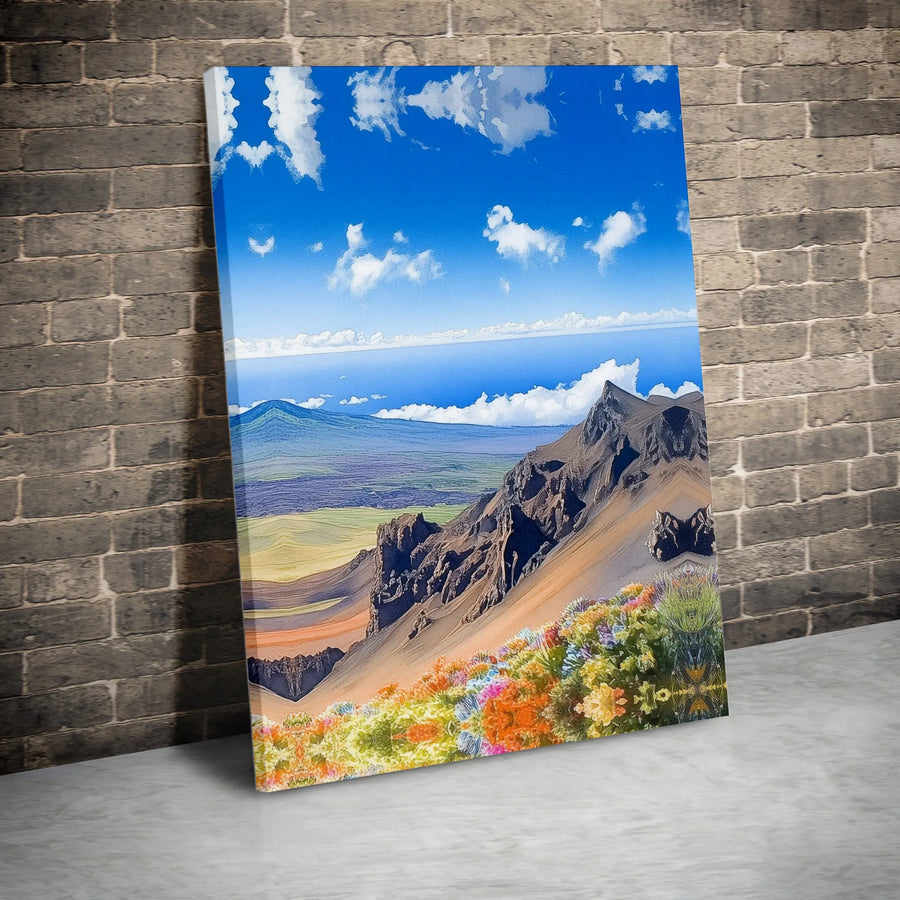 Mountain Landscape Canvas Print | Vibrant Floral Valley & Ocean View | 1.25 Inch Premium Gallery Wrap | Nature Art For Home Decor