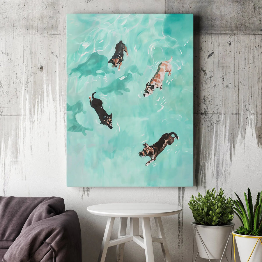 Dog Swimming Pool Canvas Print | Aerial Coastal Water Art | Gallery Wrap Premium Decor | Dog Lover Wall Art Gift