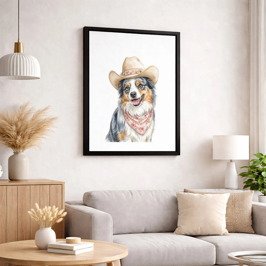 Australian Shepherd Wall Art | Watercolor Dog in Cowboy Hat | Premium Gallery Wrap Canvas | Western Farmhouse Decor Gift for Dog Lovers