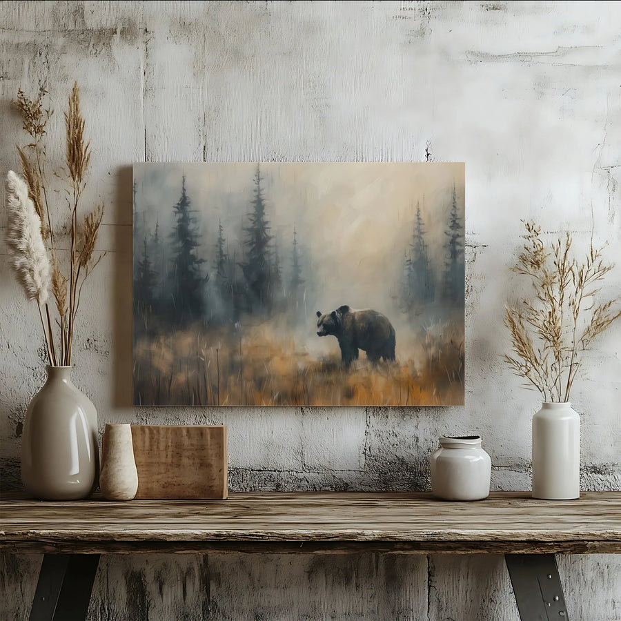 Grizzly Bear Wall Art | Misty Pine Forest Oil Painting Style | Premium 1.25" Gallery Canvas | Rustic Nature Lover Gift