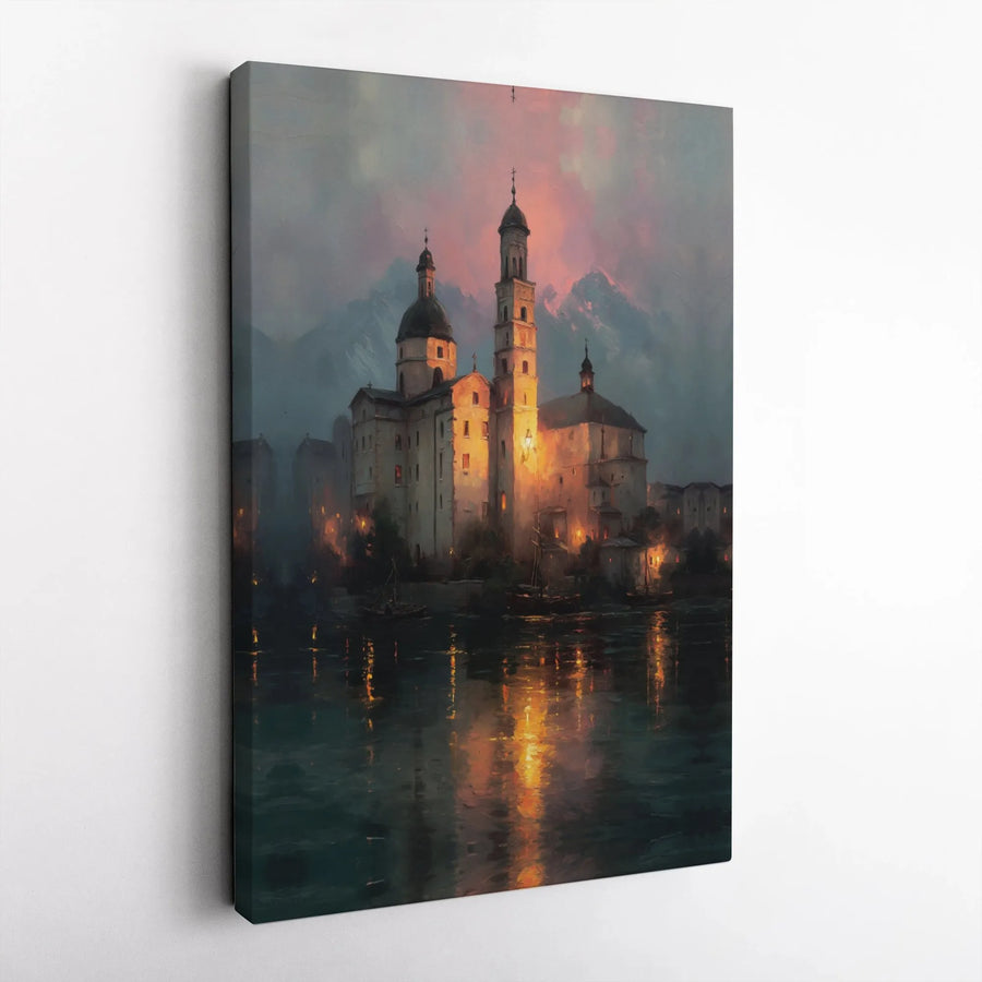 Old World Monastery Canvas Wall Art | Romantic European Landscape Sunset | Premium 1.25" Gallery Wrap | Scenic Living Room Decor Gift