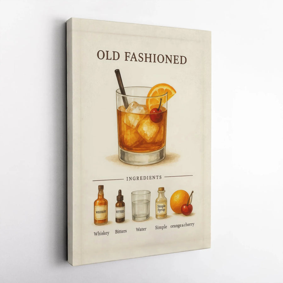 Old Fashioned Cocktail Recipe Canvas | Vintage Whiskey Bar Wall Art | Premium Gallery Canvas | Man Cave Decor Gift for Whiskey Lover