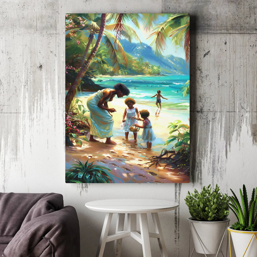Black Mother and Daughters Canvas Print | Tropical Beach Family Scene | Premium Gallery-Wrap Art | Meaningful Gift for Mom