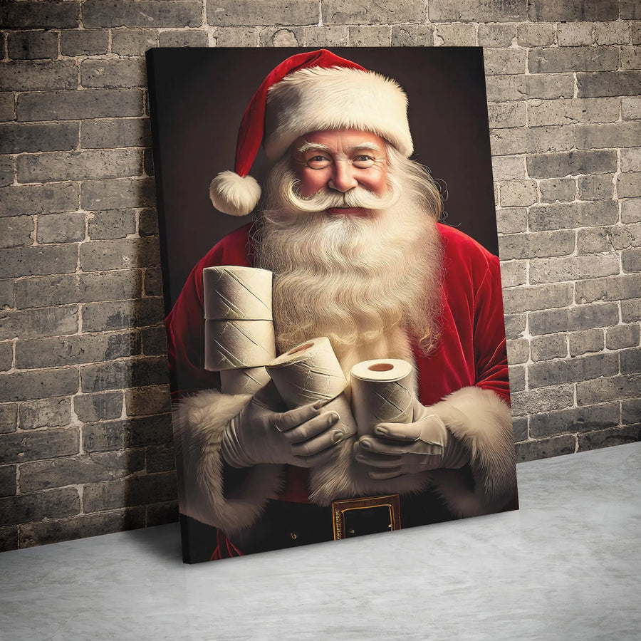 Funny Santa Holding Toilet Paper Canvas Print | Humorous Holiday Wall Decor | Premium Gallery Wrap Art | Quirky Christmas Gift for Bathroom