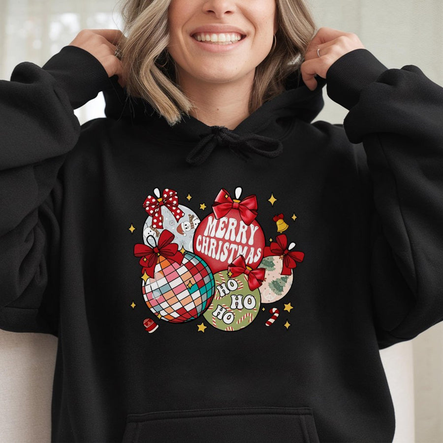 Retro Christmas Ornaments Hoodie | Disco Ball Bow Graphic Sweatshirt | Premium Cotton Blend | Trendy Holiday Gift For Her