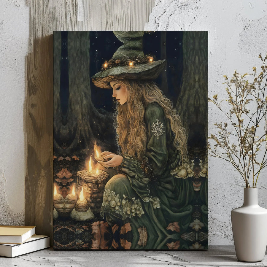 Forest Witch Canvas Wall Art | Magical Glowing Candle Enchantment | Premium Gallery-Wrapped Print | Gothic Fantasy Decor Gift for Wiccans