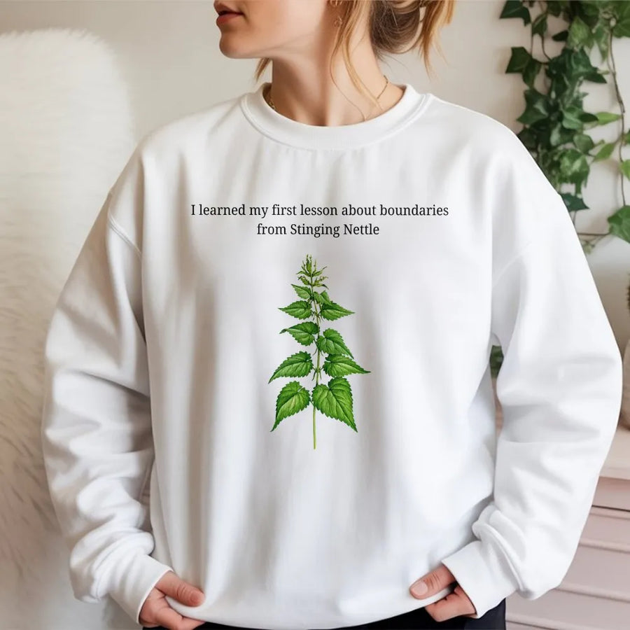 Stinging Nettle Sweatshirt | Botanical Plant Illustration | Soft Cotton-Blend Pullover | Funny Boundary Humour Gift for Nature Lovers