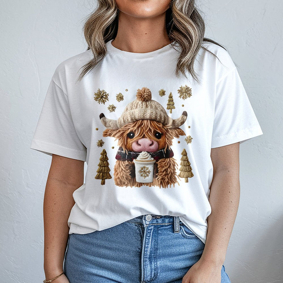 Highland Cow Christmas T-Shirt | Cute Winter Coffee Graphic Tee | Soft Premium Cotton Shirt | Festive Holiday Gift for Women and Teens
