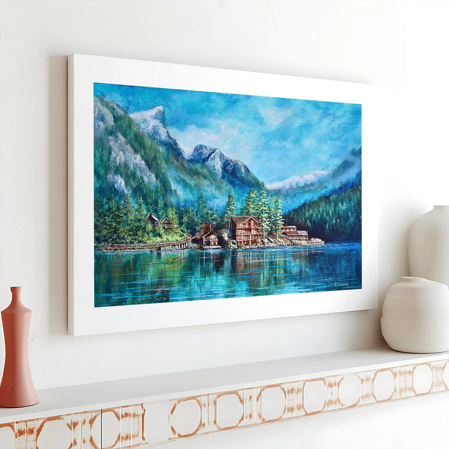 Mountain Lake Lodge Canvas Print | Snowy Peaks Landscape Wall Art | Premium Gallery Wrap Decor | Nature Lover Living Room Gift