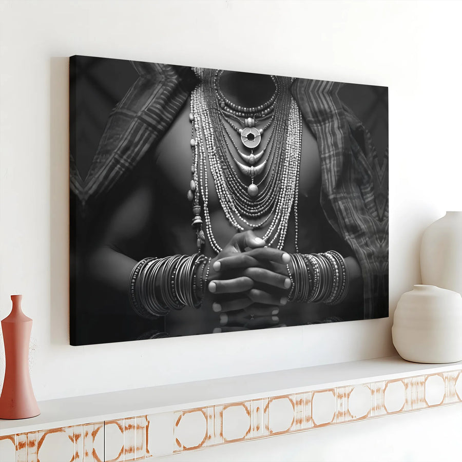 African Tribal Portrait Canvas | Monochrome Cultural Jewelry Art | 1.25" Gallery Wrap | Premium Bohemian Home Decor Wall Art