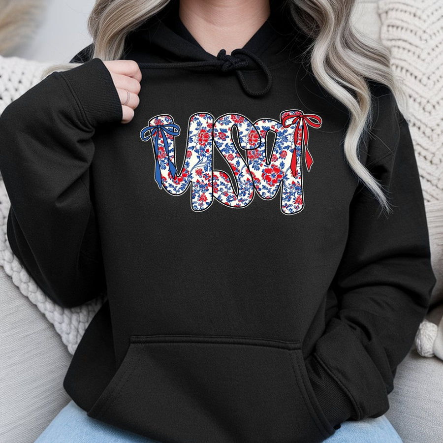USA Floral Coquette Bow Hoodie | Patriotic America Graphic Print | Cotton-Blend Comfort | 4th of July Independence Day Gift for Women