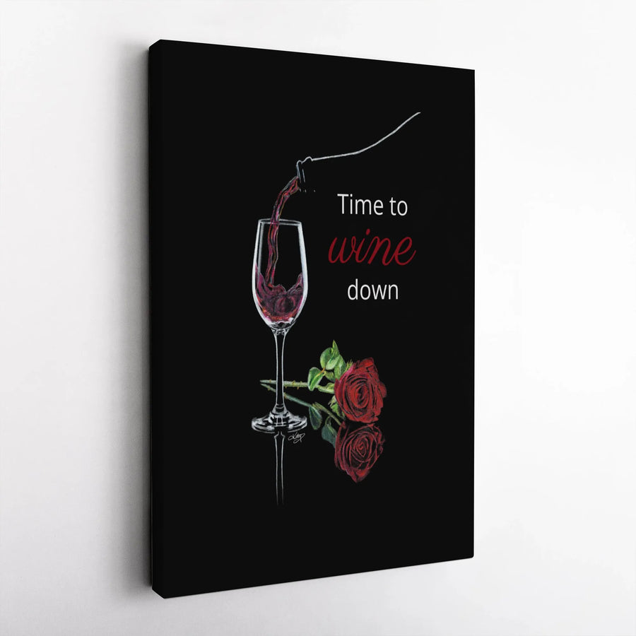 Time to Wine Down Canvas Art | Red Wine Pour & Rose Floral Decor | Gallery Wrap Premium Print | Kitchen & Dining Room Wall Decor Gift