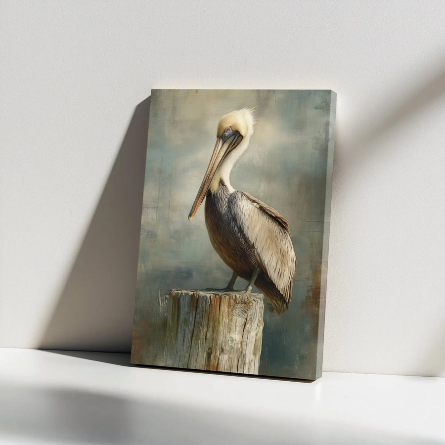Pelican Vertical Canvas | Coastal Bird on Pier Post Painting | Premium Gallery Wrapped Wall Art | Beach House & Nautical Decor Gift