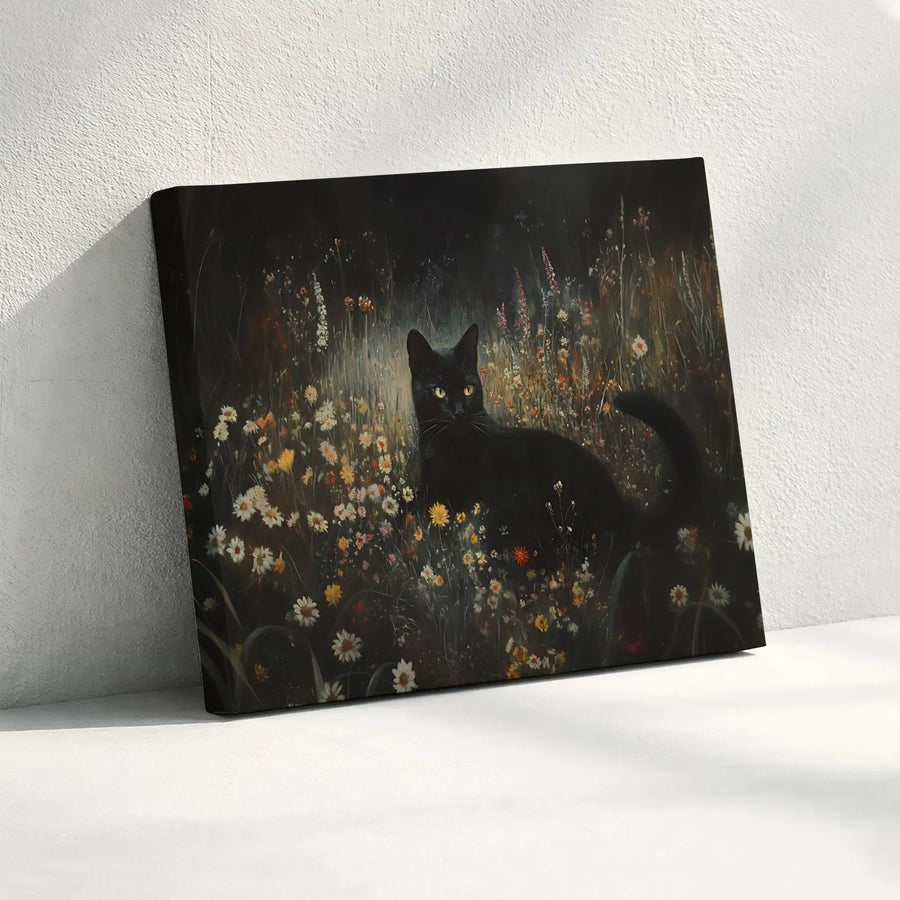 Black Cat Wall Art | Moody Wildflower Meadow Painting | Premium Gallery-Wrapped Canvas | Whimsical Nature Home Decor Gift