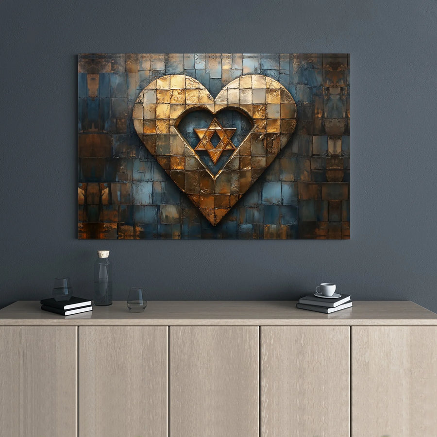Star of David Wall Art | Abstract Mosaic Golden Heart Canvas | Premium 1.25-Inch Gallery Wrap | Jewish Home Decor and Spiritual Gift