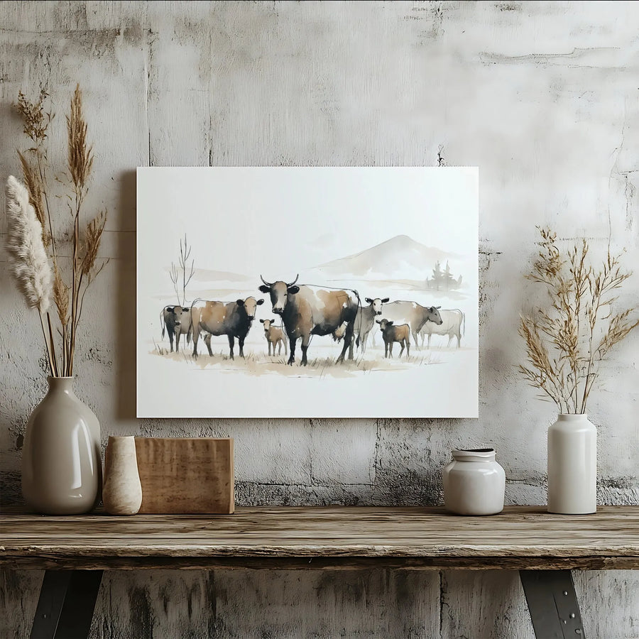 Farmhouse Cattle Canvas Print | Watercolor Cow Painting with Calves | Premium Gallery Wrapped Canvas | Rustic Country Home Decor Gift