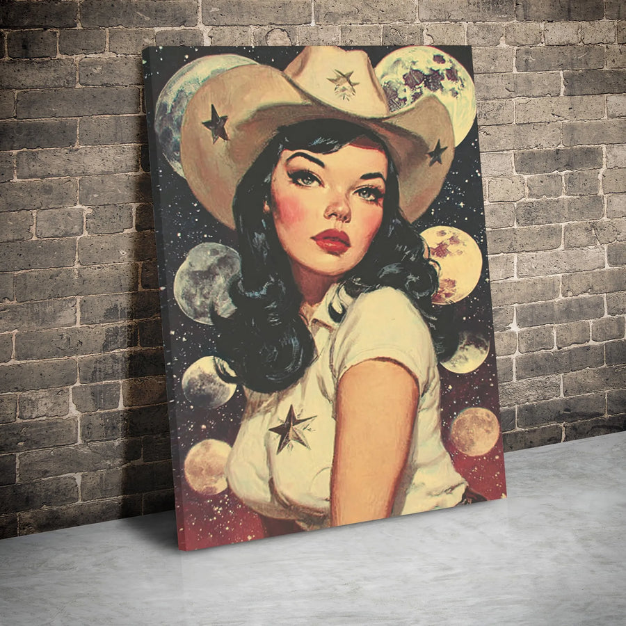 Cosmic Space Cowgirl Canvas Art | Retro Western Pinup Wall Decor | Premium 1.25 Inch Gallery Wrap | Aesthetic Bedroom Gift for Her