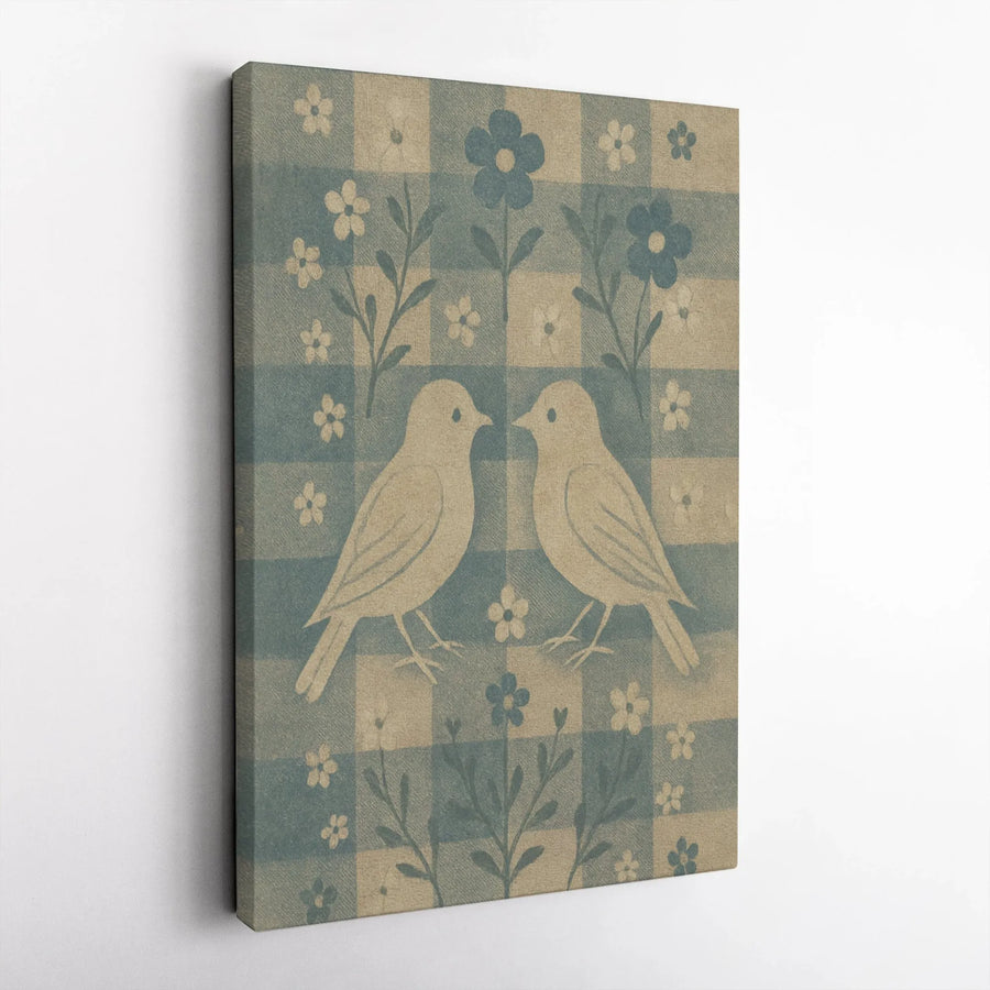 Vintage Bird Wall Art | Folk Art Floral Gingham Canvas Print | Premium Gallery Wrapped Decor | Farmhouse Living Room Aesthetic