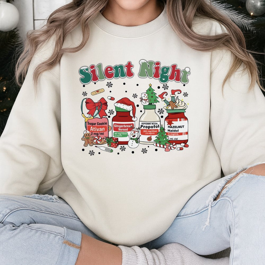 Silent Night Christmas Sweatshirt | Funny Nurse Medical Theme Graphic | Premium Cotton Blend | Gift for ICU RN and Healthcare Professionals