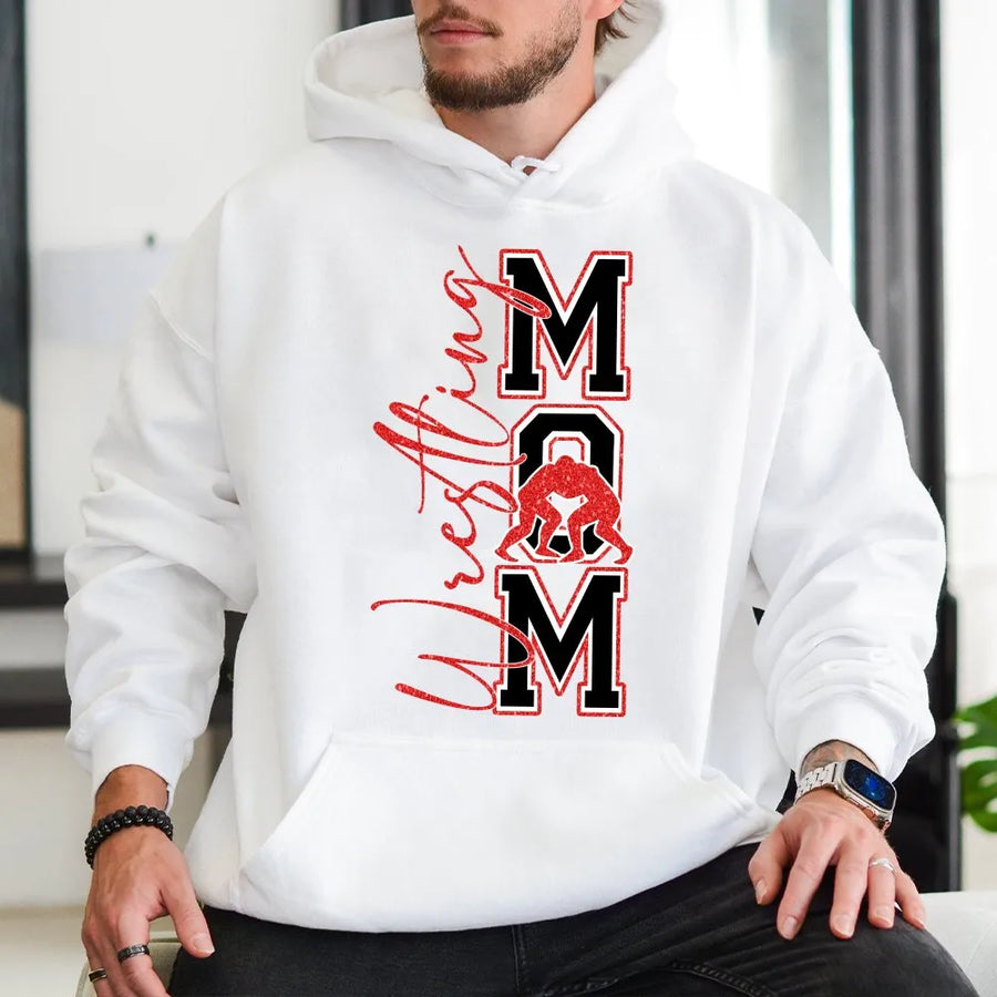 Wrestling Mom Hoodie | Glitter Script Wrestling Design | Premium Cotton Blend | Gift for Wrestling Coach Mom or Sports Fan Parent