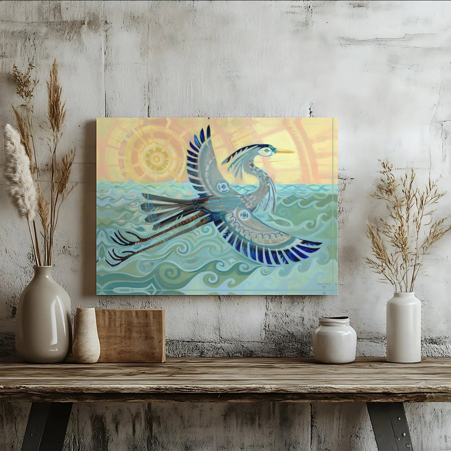 Steampunk Heron Canvas Art | Abstract Coastal Bird Painting Print | Premium Gallery Wrapped Canvas | Nautical Living Room Decor Gift