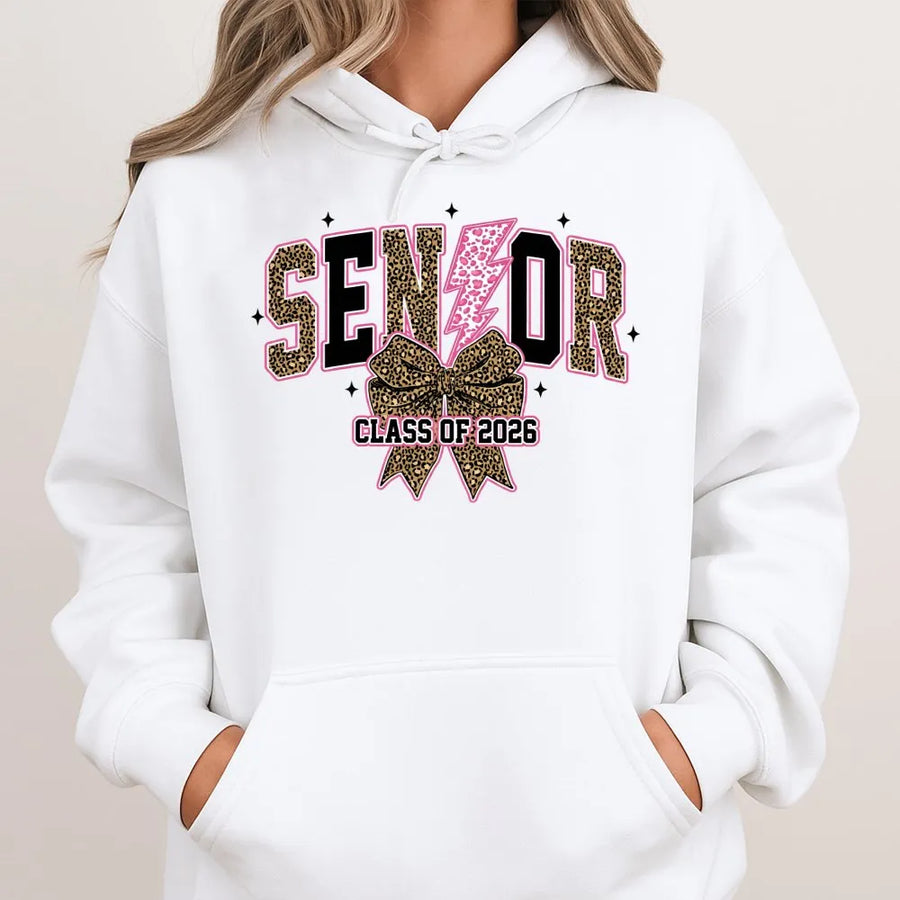 Senior 2026 Hoodie | Leopard Print Lightning Bolt & Bow Graphic | Premium Cotton Blend | Graduation Gift for High School Student