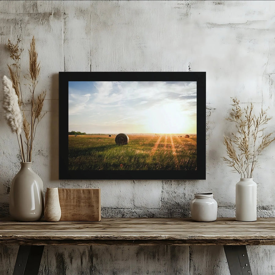 Hay Bales Sunset Canvas Wall Art | Golden Hour Farmhouse Landscape Print | 1.25 Inch Gallery Quality | Rustic Home & Office Decor