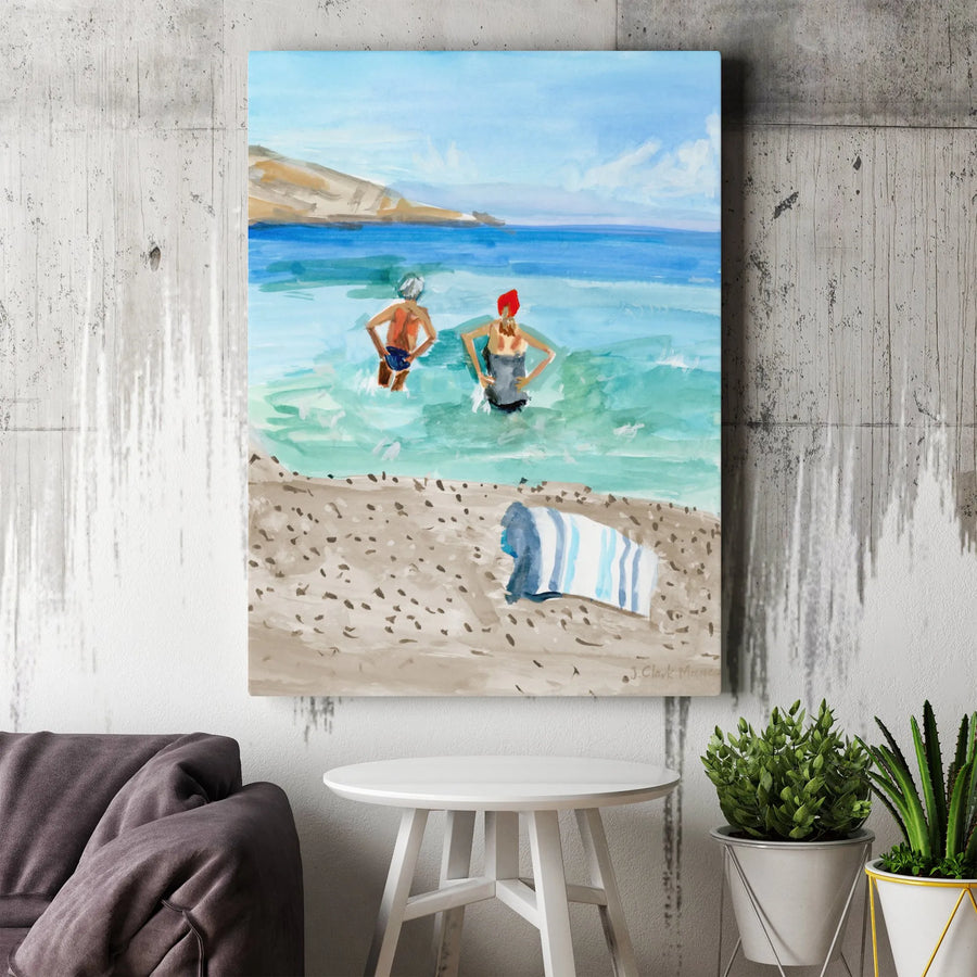 Ocean Swimmers Vertical Canvas | Watercolor Beach Painting Print | Thick Gallery Wrap Canvas | Coastal Living Wall Art Gift
