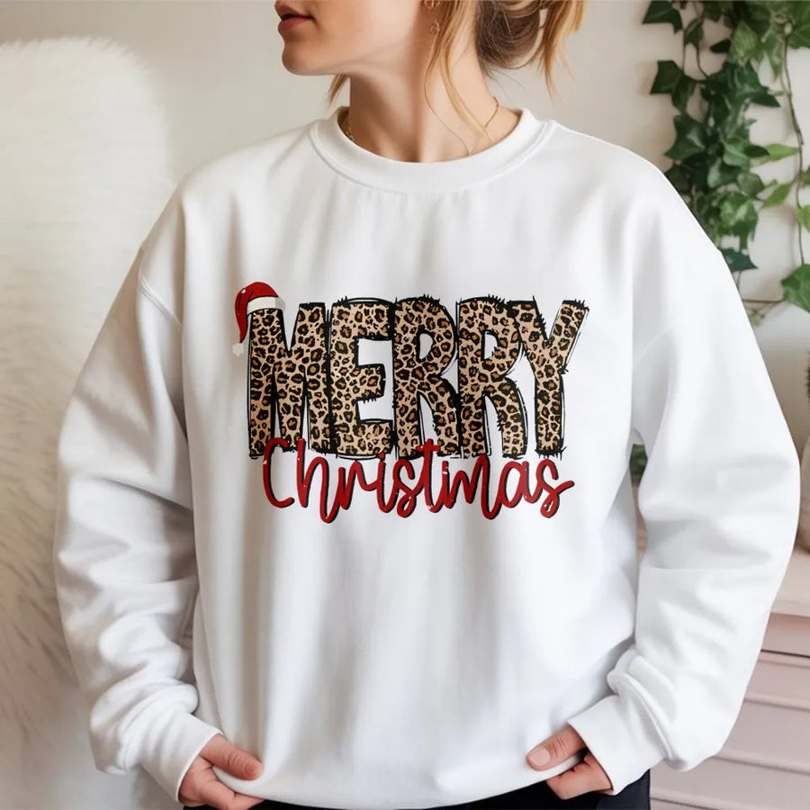 Merry Christmas Sweatshirt | Leopard Print Design with Santa Hat | Soft Cotton Blend Unisex Pullover | Festive Holiday Gift for Her & Him