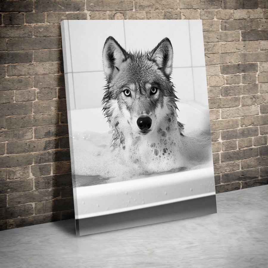 Wolf in Bathtub Wall Art | Whimsical Animal Bathroom Decor | Premium 1.25-Inch Canvas Print | Funny Wildlife Portrait Gift for Animal Lovers