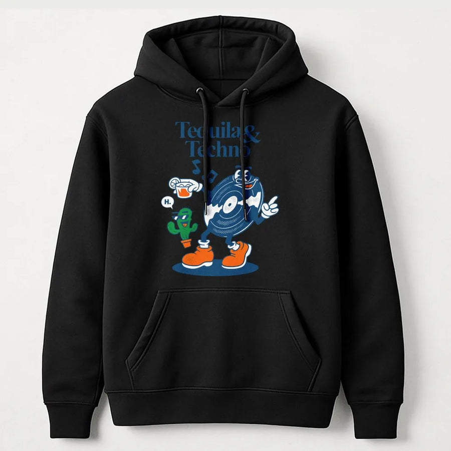 Tequila and Techno Graphic Hoodie | Retro Cartoon Music Mascot Design | Soft Breathable Cotton | Gift for DJ & Music Festival Goer