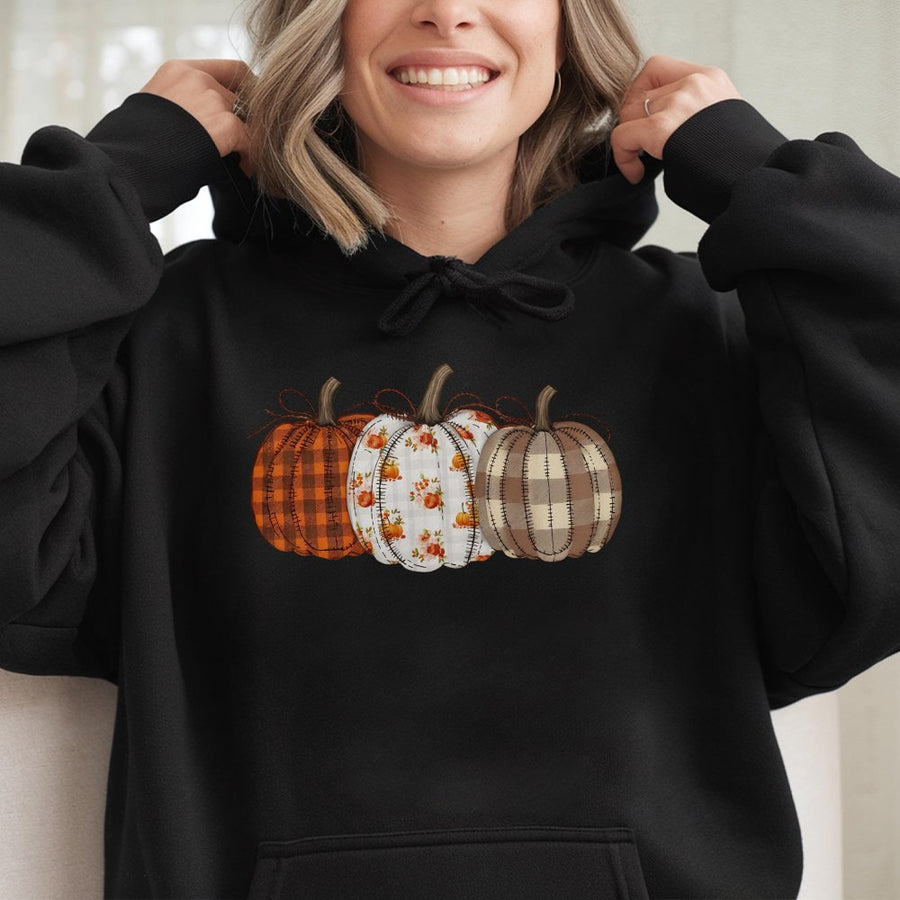 Fall Pumpkin Hoodie | Cozy Patchwork Plaid Floral Graphic | Soft Cotton-Blend Pullover | Autumn Thanksgiving Gift for Her