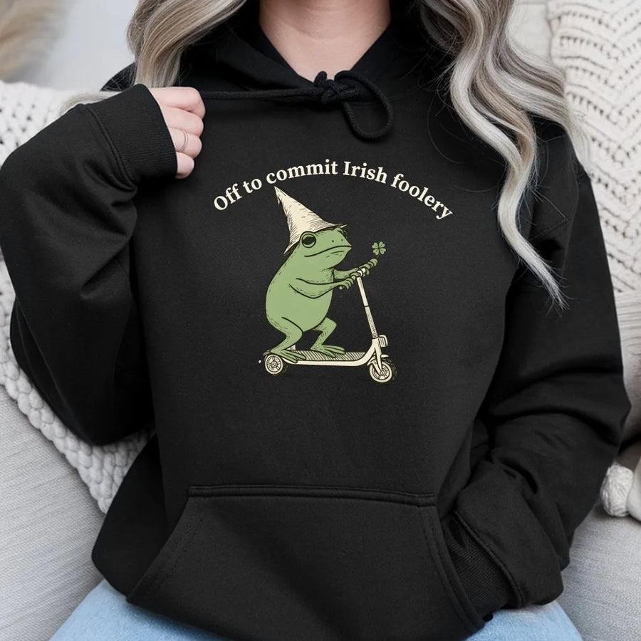 St. Patricks Day Frog Hoodie | Off To Commit Irish Foolery Graphic | Premium Cotton Blend | Funny Lucky Clover Gift For Men And Women