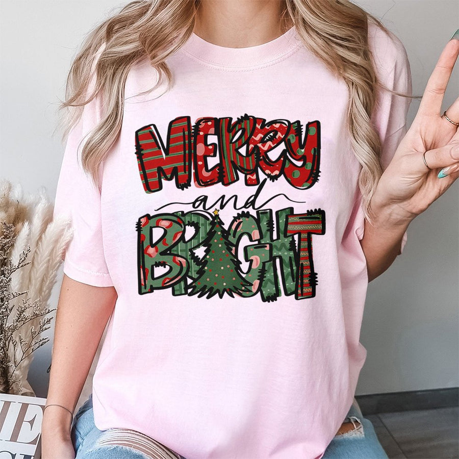 Merry And Bright Christmas T-Shirt | Festive Holiday Tree Graphic | Premium 100% Cotton Tee | Cute Christmas Gift For Women And Men