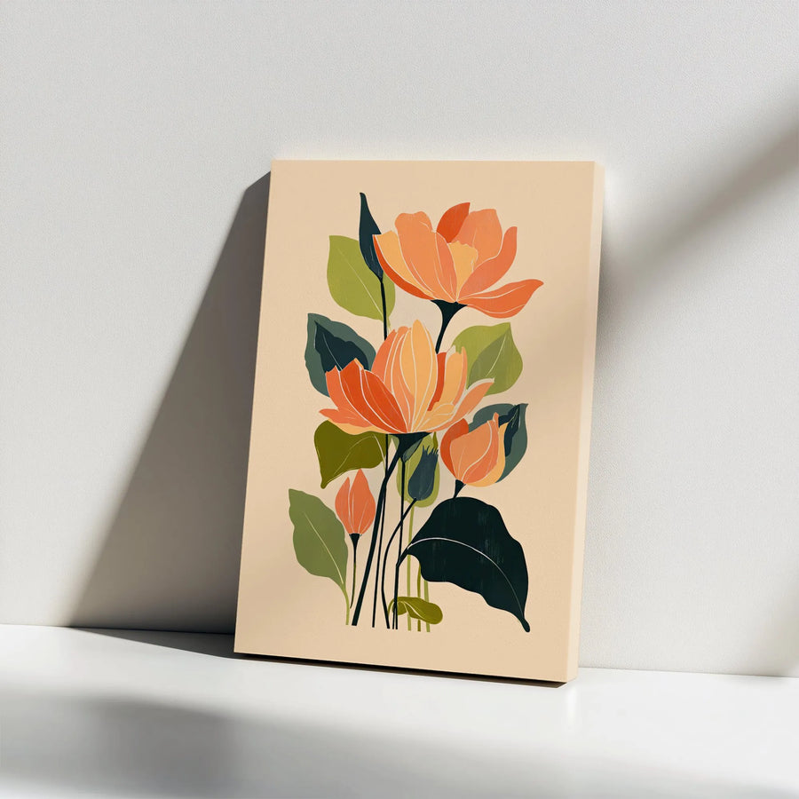 Mid-Century Botanical Canvas Wall Art | Stylized Orange Flower Illustration | Premium Gallery-Wrapped Print | Minimalist Home Decor Gift
