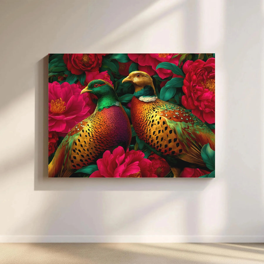 Pheasant Bird Wall Art | Vibrant Floral Peony Canvas Print | Premium Gallery Wrapped 1.25" Profile | Nature Lover Home Decor Gift