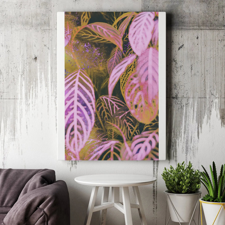 Abstract Botanical Vertical Canvas | Vibrant Pink & Gold Leaf Design | Premium Gallery Wrapped Print | Modern Home Decor Gift