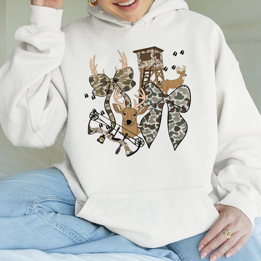 Hunting Bow Hoodie | Coquette Camo Deer Bow Design | Premium Cotton Blend | Gift for Women Who Hunt