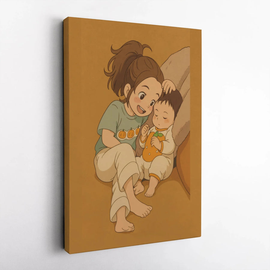 Anime Sister and Baby Wall Art | Cute Autumn Pumpkin Illustration | Gallery-Wrapped Canvas Print | Sweet Nursery or Bedroom Decor Gift