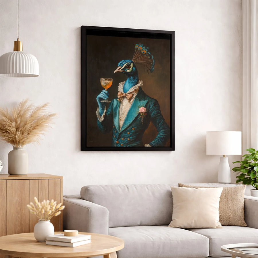 Dapper Peacock Wall Art | Sophisticated Gentleman Bird Portrait | Gallery-Quality Canvas Print | Unique Maximalist Home Decor Gift