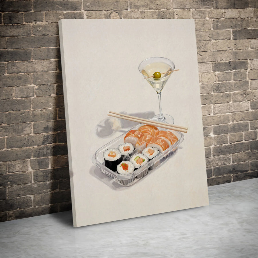 Sushi and Martini Still Life Canvas Wall Art | Modern Kitchen Food Illustration | Premium Gallery Wrapped Print | Unique Bar Decor Gift Idea