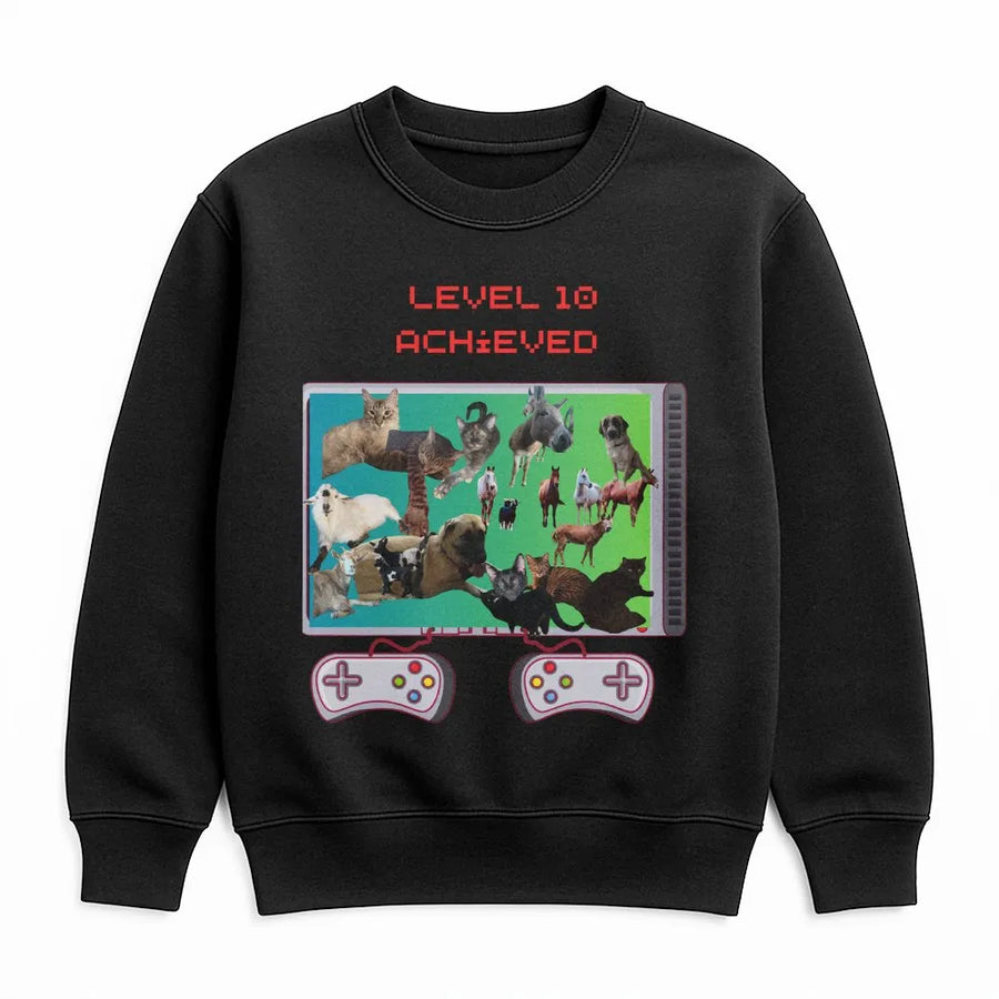 Level 10 Achieved Gamer Sweatshirt | Retro Pixel Art Animal Graphic | Cozy Cotton Blend | Funny 10th Birthday Gift for Gamers
