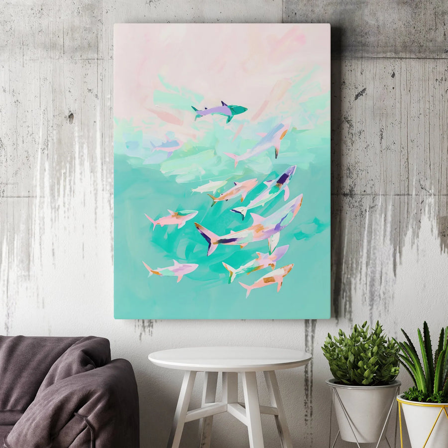 Abstract Shark Canvas Wall Art | Painterly School of Sharks Print in Pastel Colors | Premium Thick Gallery Wrapped Canvas | Modern Coastal Home Decor Gift
