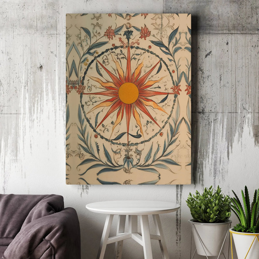 Celestial Sun Wall Art | Vintage Botanical Floral Design | Premium Gallery-Wrapped Canvas | Boho Home Decor Gift