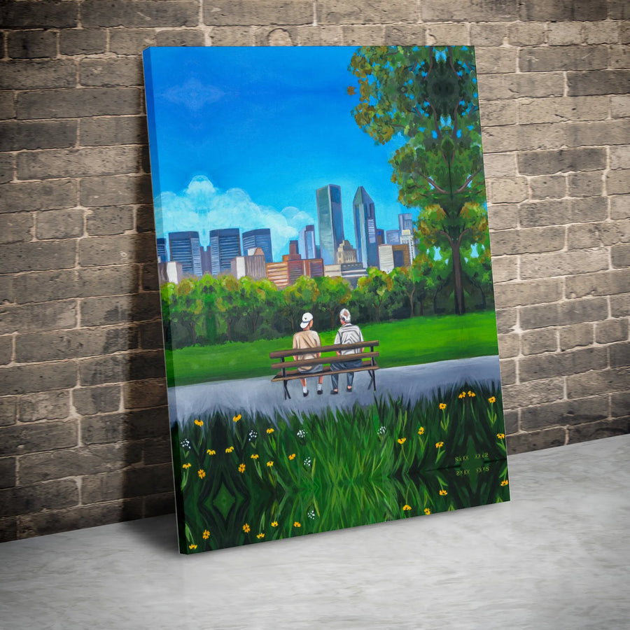 Elderly Couple Park Bench Canvas Print | Urban City Skyline Wall Art | Premium 1.25 Inch Gallery Wrap | Sentimental Gift for Grandparents